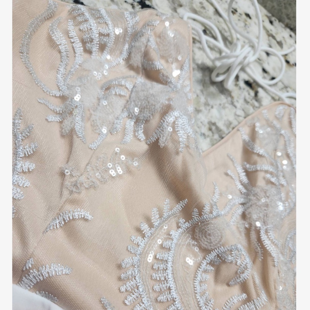 Sequin Detail Jumpsuit Cream + White Flare Wide Leg V-Neck Backless - Picture 8 of 9